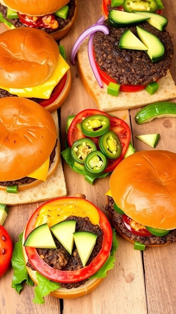 Ultimate Hamburger Recipe Collection A variety of hamburgers including classic cheeseburger, spicy jalapeño burger, and black bean veggie burger on a rustic table.